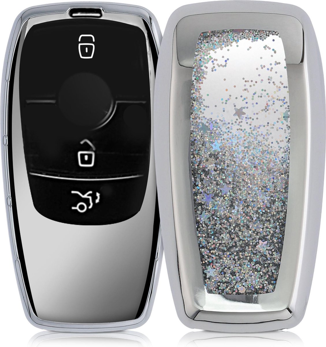 kwmobile autosleutelhoesje voor Mercedes Benz Smart Key autosleutel (alleen Keyless) - sleutelcover van TPU in zilver / metallic zilver - Sneeuwbol met Sterren design