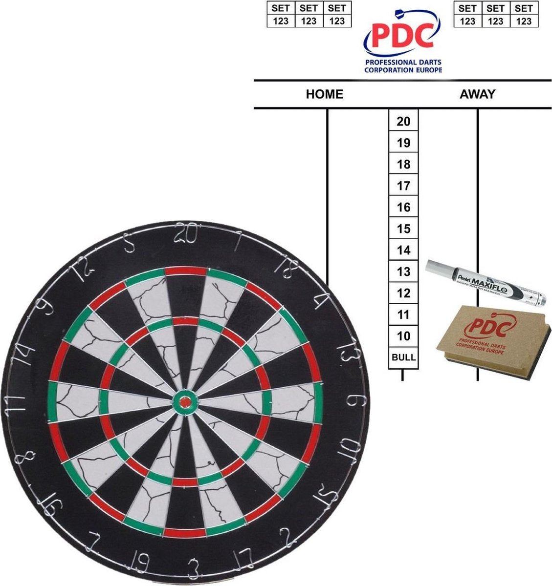 Dartbord Longfield set compleet van diameter 45 cm met 6 dartpijlen en een scorebord set + marker en wisser
