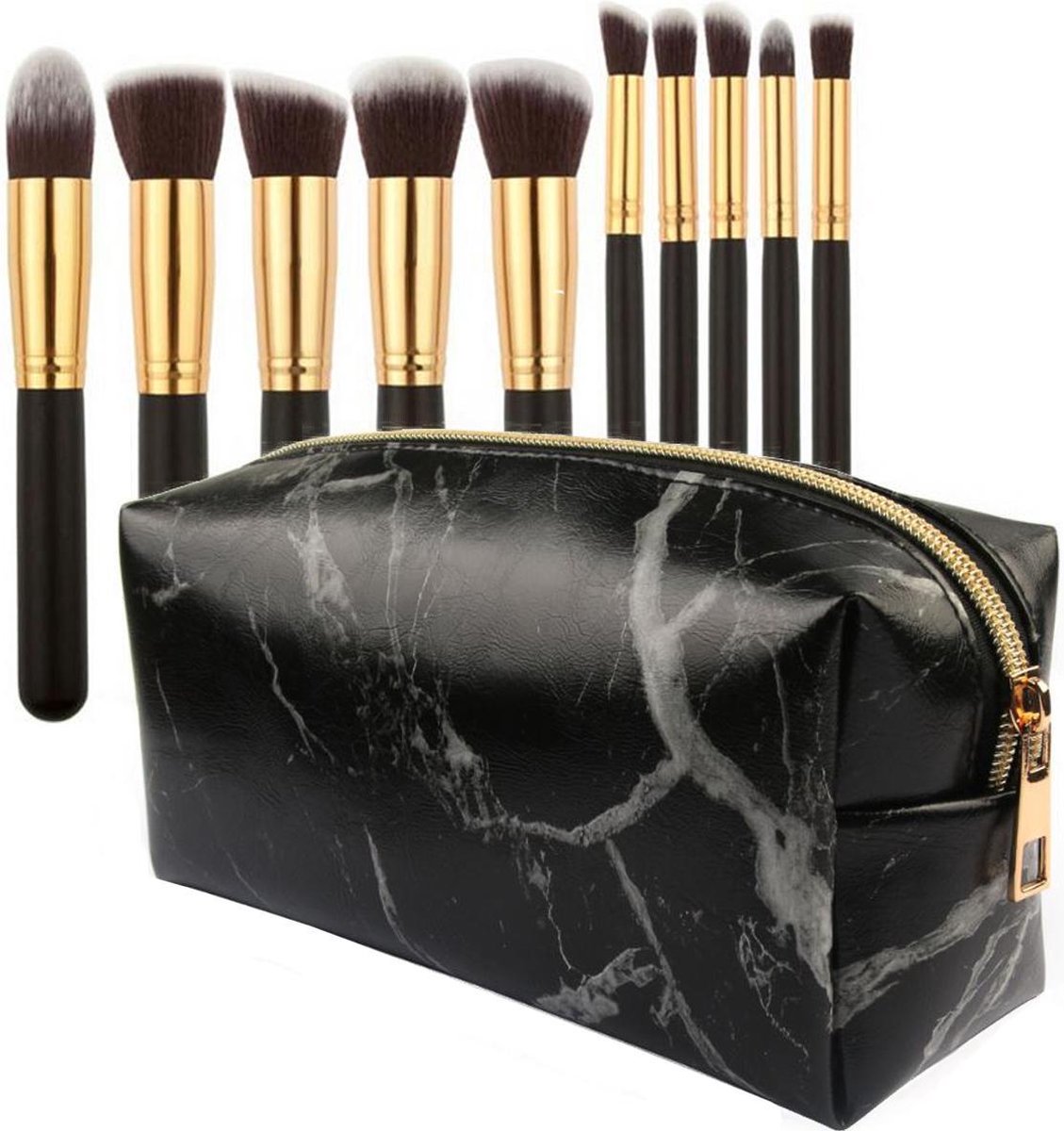 Evvie set van 10 make-up kwasten kabuki in etui marble - Zwart-Goud