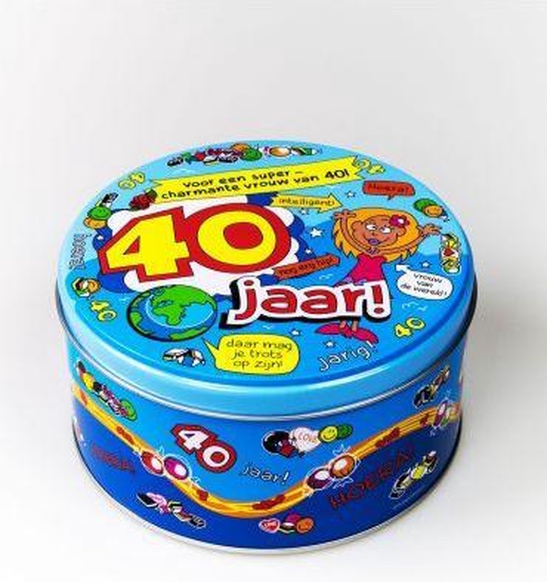 Verjaardag - Snoeptrommel - 40 jaar Vrouw - Gevuld met verse snoepmix - In cadeauverpakking met gekleurd lint