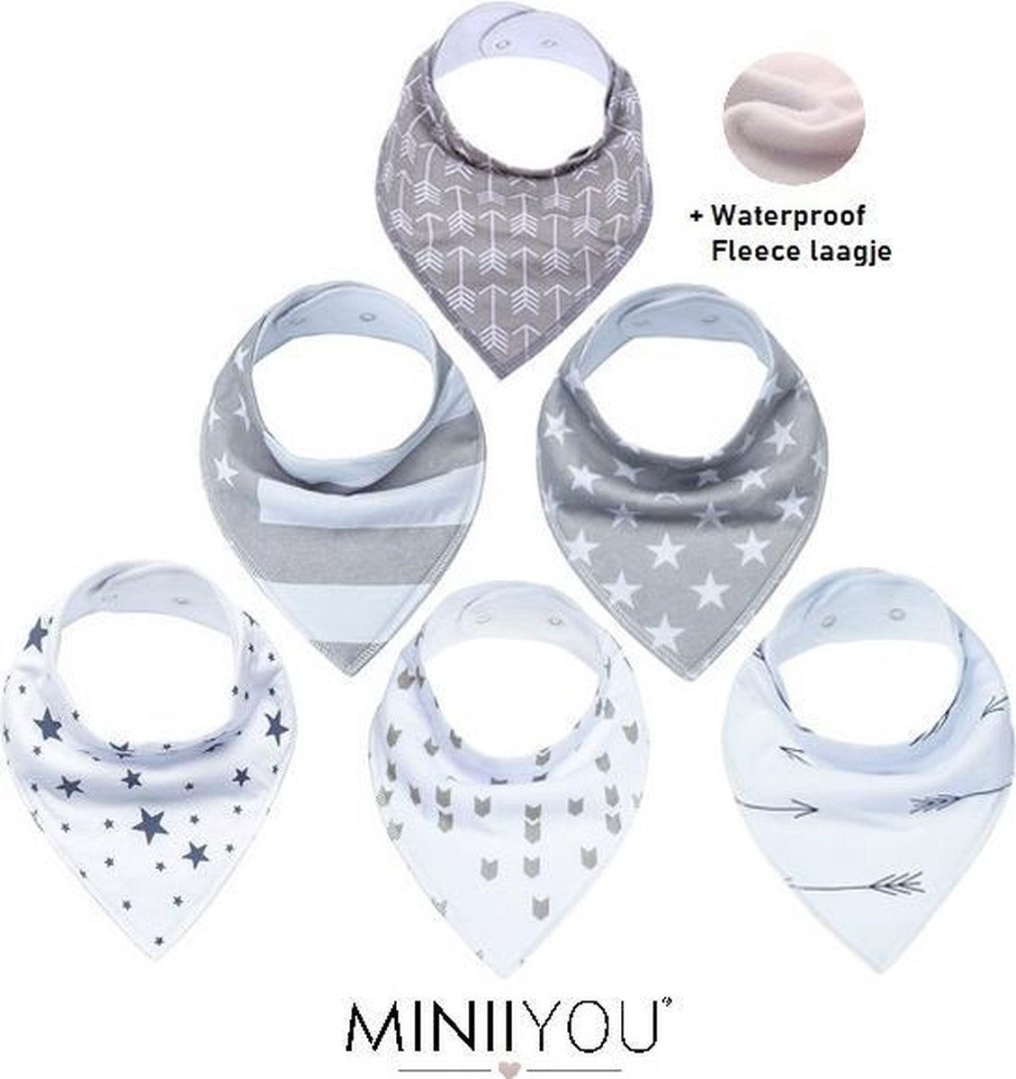 MINIIYOU Bandana Kwijlslabbetjes  - Grijs - 6 Stuks - Puntslabbetjes - Waterproof