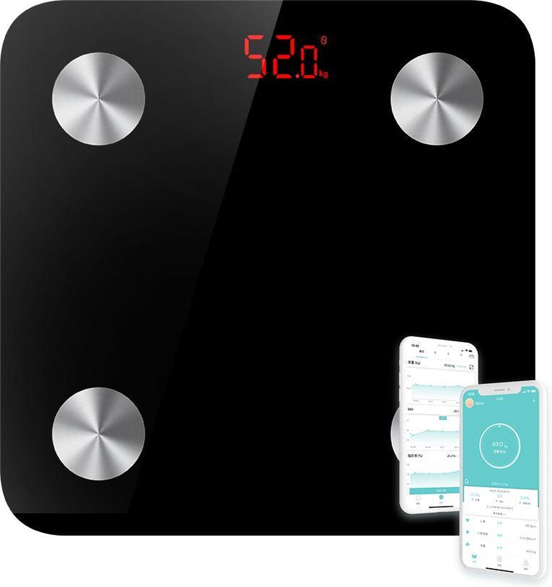 BeConcepts® Weegschaal-Personenweegschaal met Lichaamsanalyse-Personenweegschaal met app - vetpercentage - Zwart -Incl. Batterijen