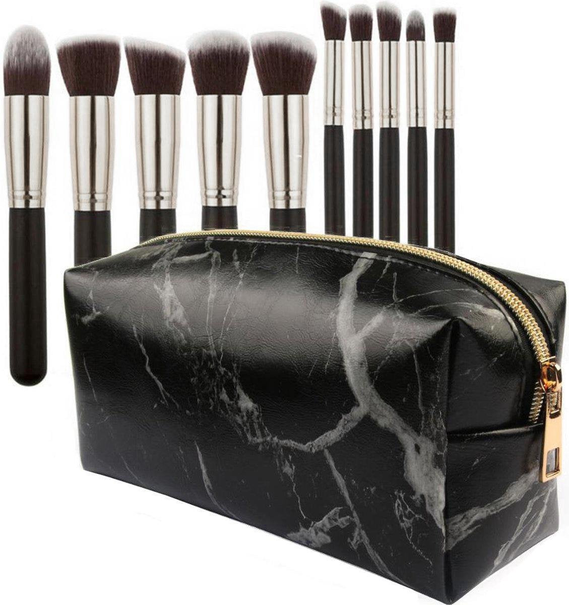 Evvie set van 10 make-up kwasten kabuki - Zwart-Zilver