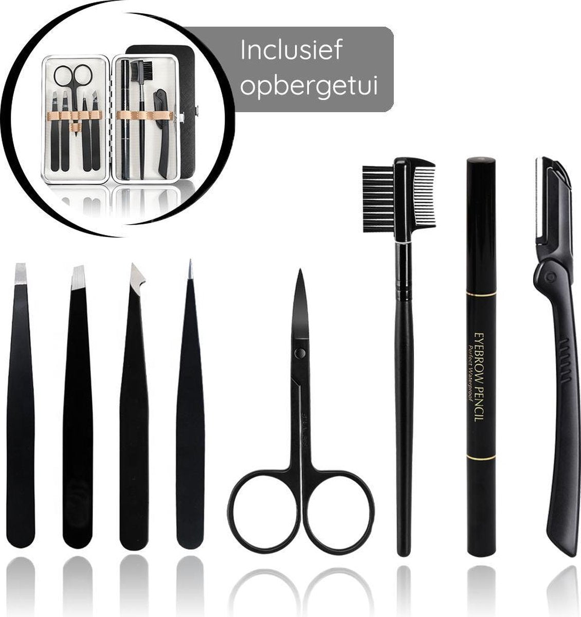 JOLTIA - Epileer Set - Wenkbrauw Scheermesje - Borstel - Pincet - Mesje - Wenkbrauwkam - Wenkbrauwpotlood - Potlood Zwart - Dermaplaning - Eyebrow Razor - Epilator - Trimmer- Wenkbrauwschaar - Epileren - Dames - Mannen - Incl. Luxe Opbergetui