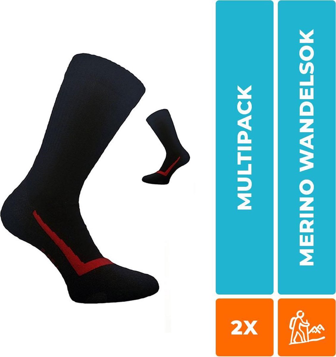 2-Pack Wandelsokken met Merino Wol S12 - Unisex - Zwart - Maat 35-38