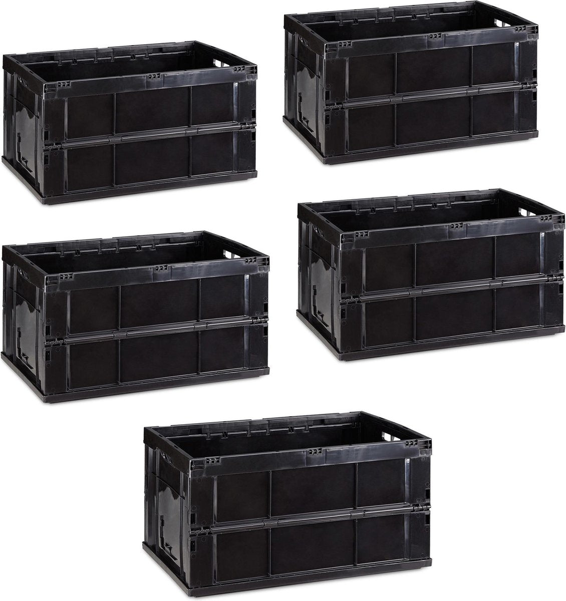 relaxdays 5er set vouwkrat met deksel - 60 liter - boodschappenkrat - vouwbaar - zwart
