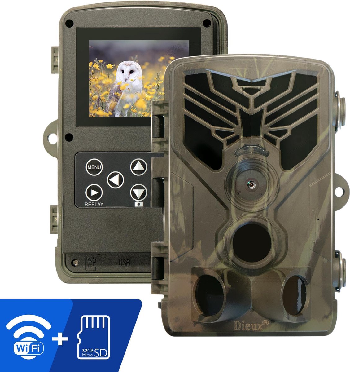 Dieux® Wildcamera - Wildcamera met nachtzicht - Wildcamera met Wifi - Jachtcamera - Observatiecamera - Beveiligingscamera buiten - Inclusief 32GB Micro SD Kaart - 20 MP - Full HD