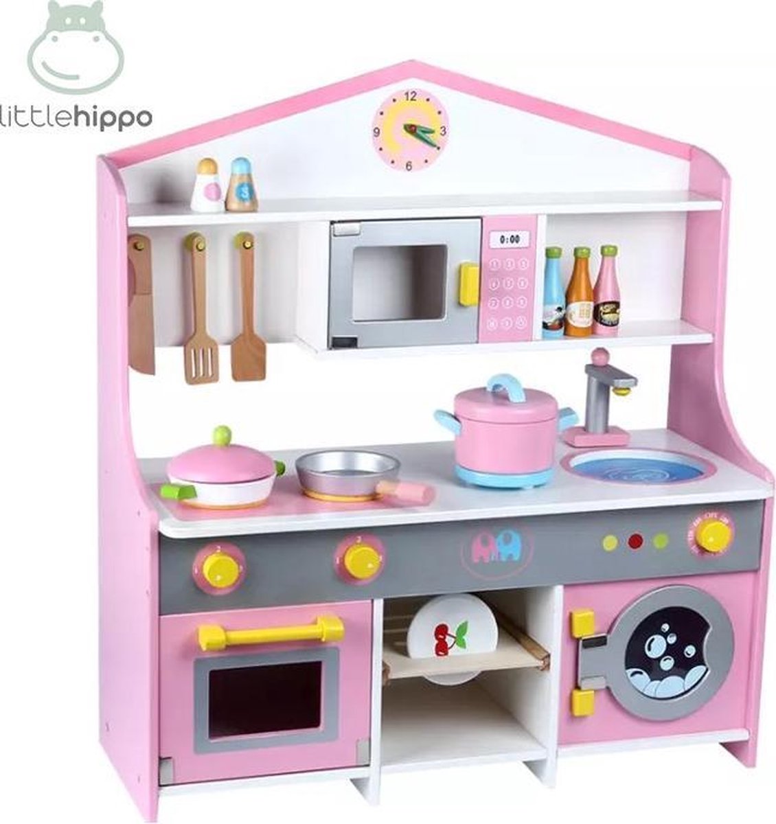 Houten roze SpeelKeuken Groot - met Accessoires - Little hippo - Speelkeuken - Kinderkeuken