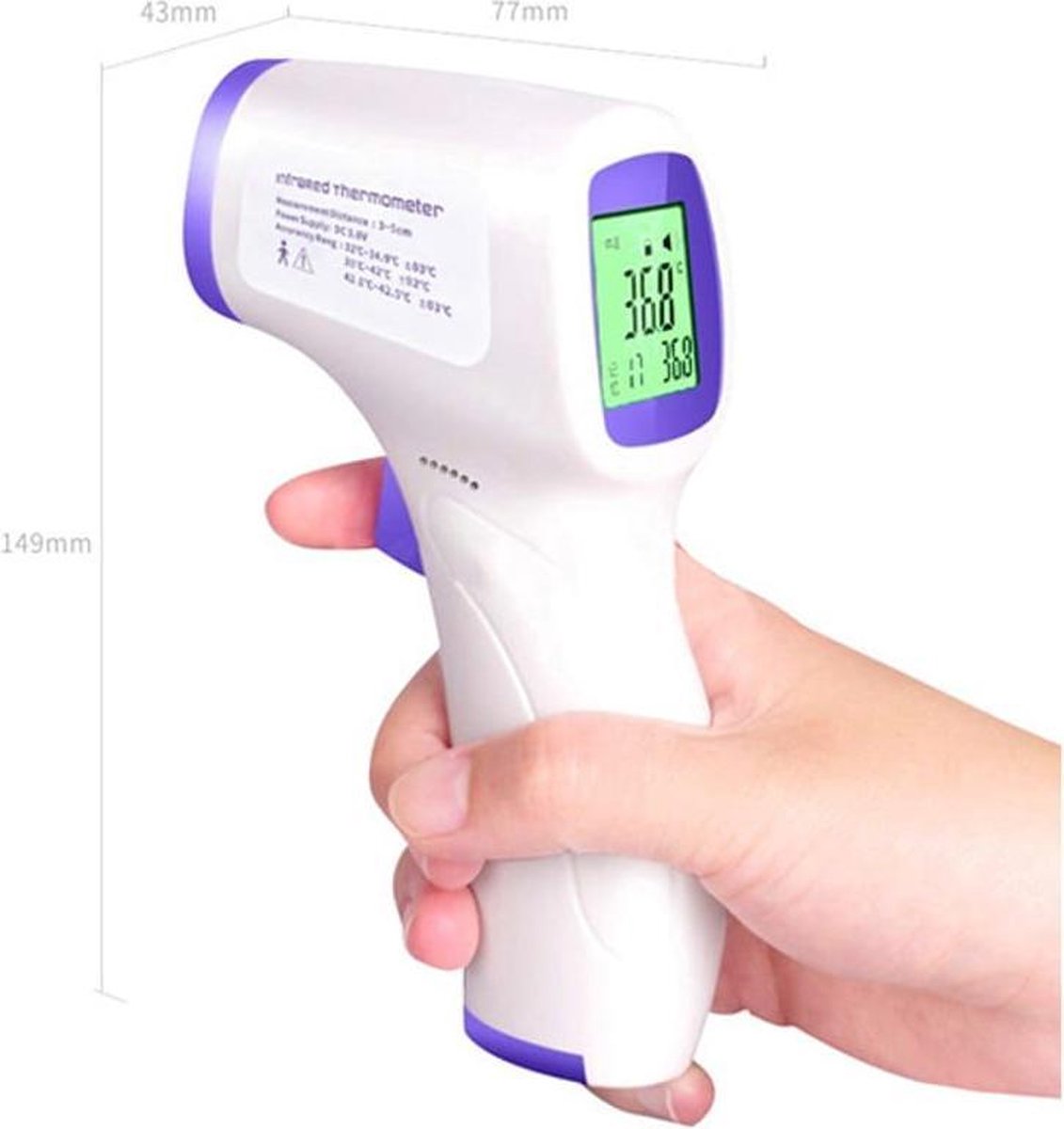 Infrarood Thermometer Voorhoofd - Thermometer Lichaam - Nauwkeurig Resultaat - Snelle meting in 1 seconden - Kleurindicatie bij Verhoging en Koorts - Makkelijk te lezen in de donker -Voorhoofdthermometer -Geschikt voor Kinderen en volwassenen