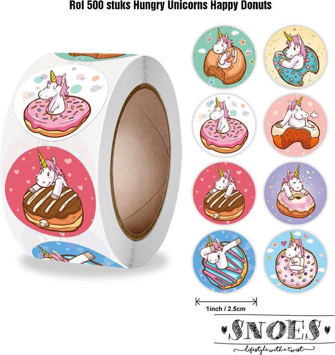 Snoes - sluitstickers 500 stuks - stickerrol - Hungry Unicorn Donuts - Eenhoorn Stickers - beloningsstickers - stickers voor kinderen - schoolspullen - onderwijs - stickervellen - peuters - kleuters - dieren sticker - cadeau - kado - inpakken