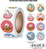 Snoes - sluitstickers 500 stuks - stickerrol - Hungry Unicorn Donuts - Eenhoorn Stickers - beloningsstickers - stickers voor kinderen - schoolspullen - onderwijs - stickervellen - peuters - kleuters - dieren sticker - cadeau - kado - inpakken