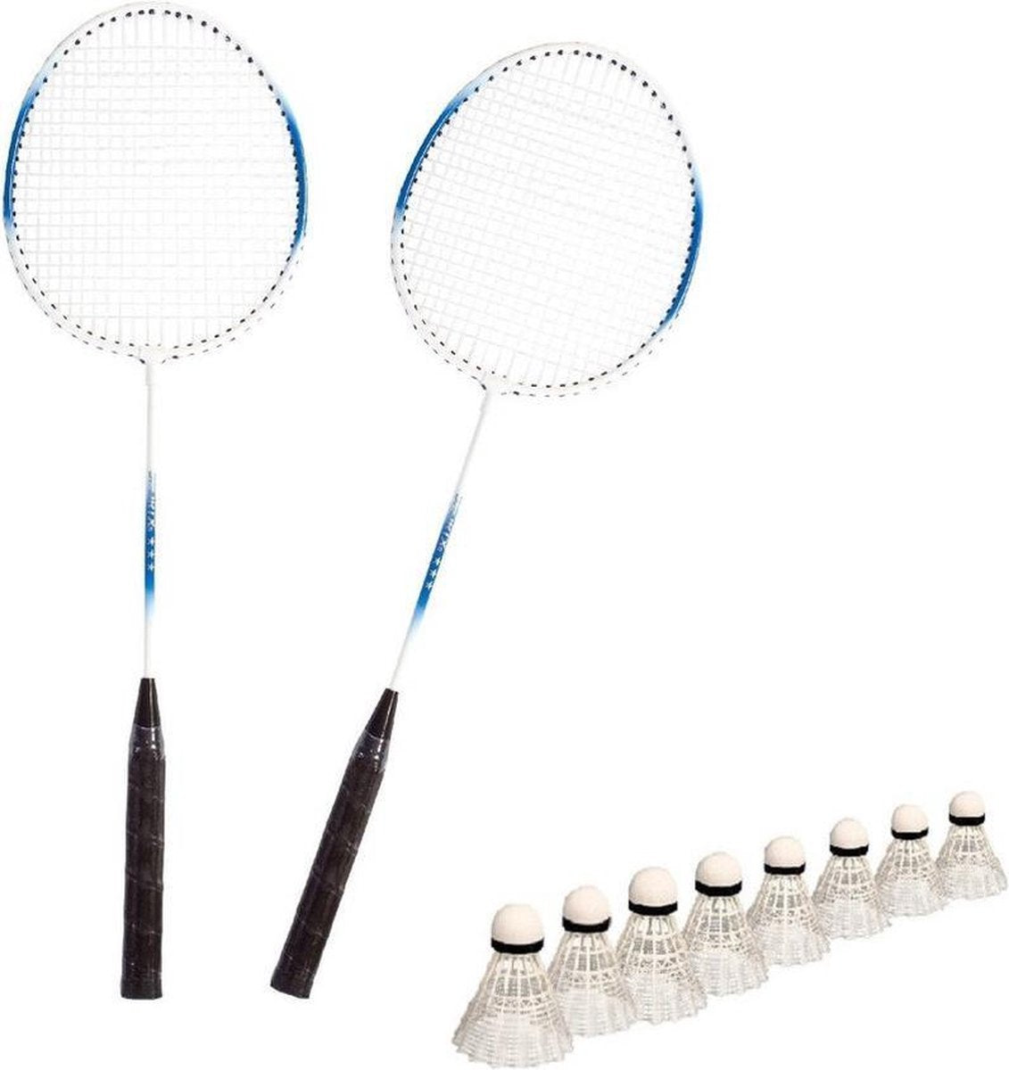 Badminton set blauw/wit met 8x shuttles en opbergtas - 3 sterren kwaliteit