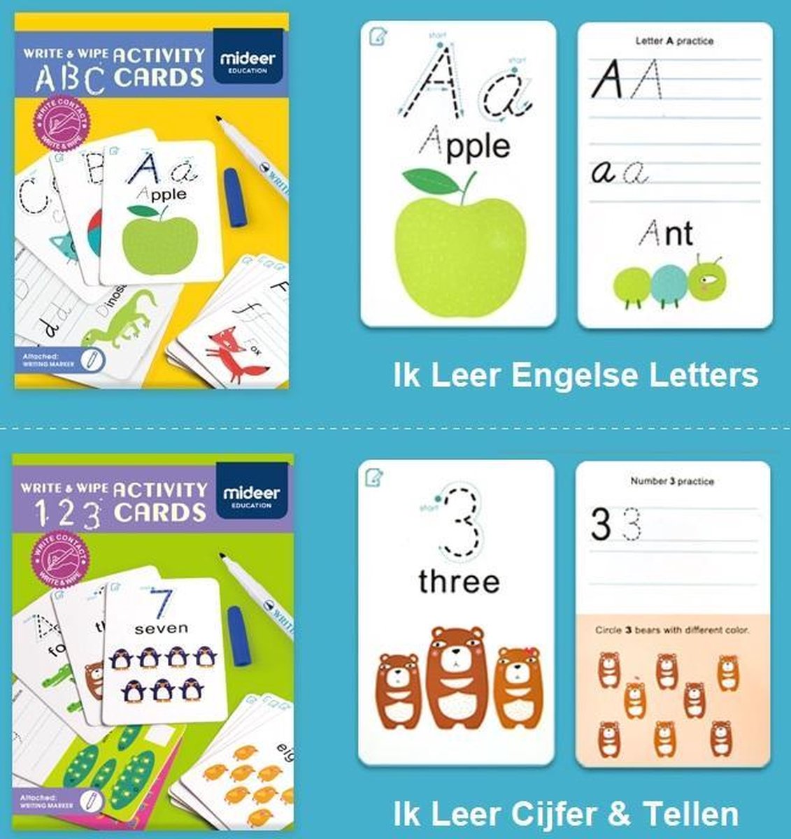 MiDeer Ik Leer Schrijven Letters & Cijfers (2 separate sets) -  Herbruikbare pennen en kaarten - 2 verschillende sets pennen en kaarten - Flash Card voor vroeg onderwijs: Ik Leer Cijfer en Tellen & Ik Leer Engelse Letters