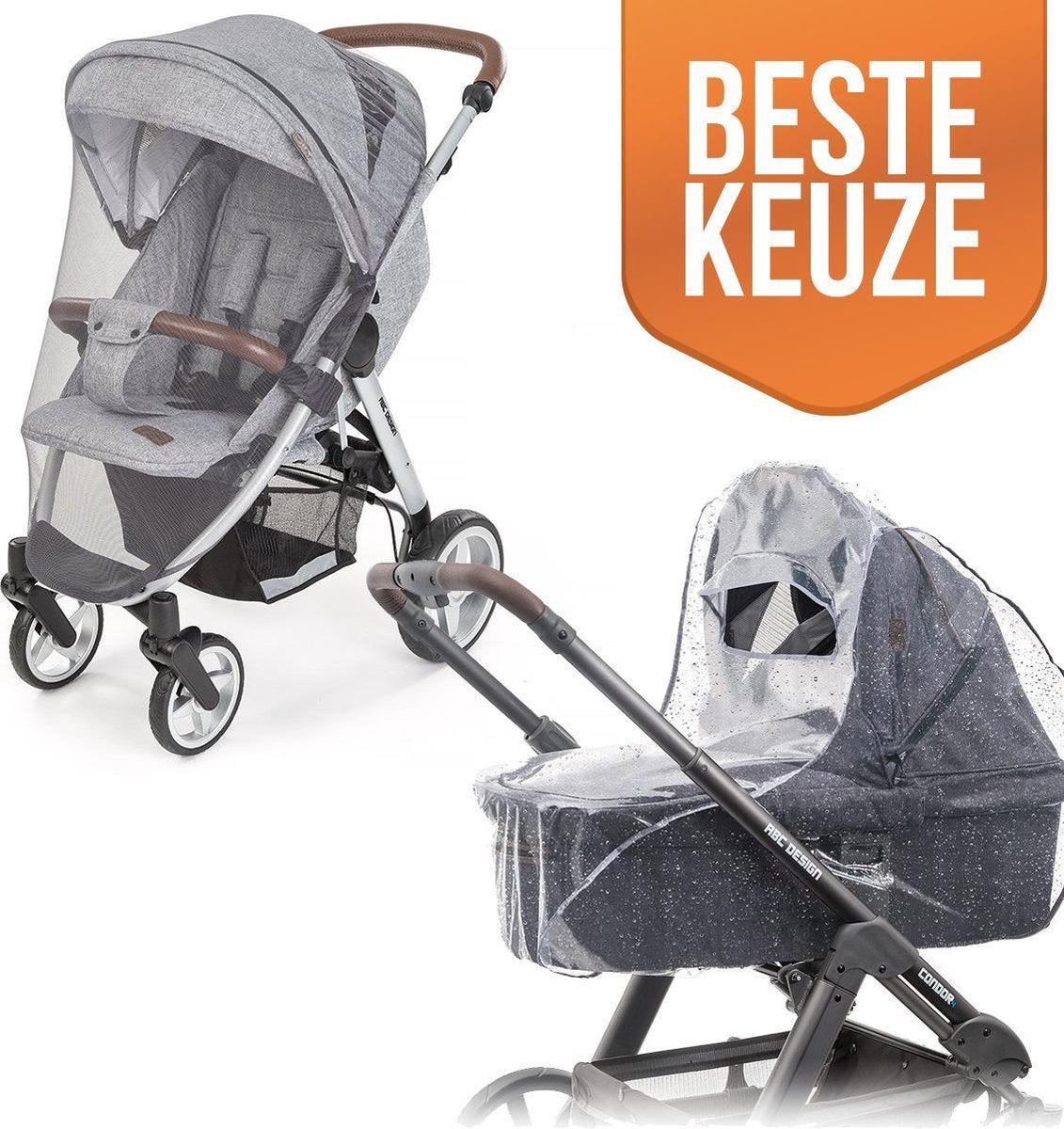 Klamboe & Regenhoes Kinderwagen – Set van 2 - Muggengaas Muskietennet Ledikant Babybedje –Regenhoes Buggy - Regen Miezer Insecten – Doorzichtig & Grijs