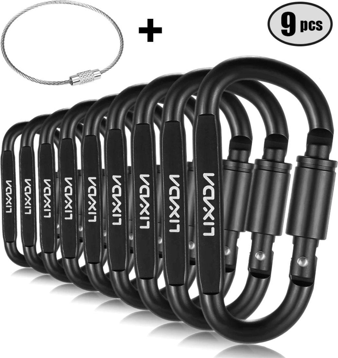 BPS® - karabijnhaak - musketonhaak - karabijnhaak sleutelhanger - karabijnhaak met schroefsluiting - karabijnhaak rvs -  karabijnhaak zwart - 9 Pack - niet voor te klimmen