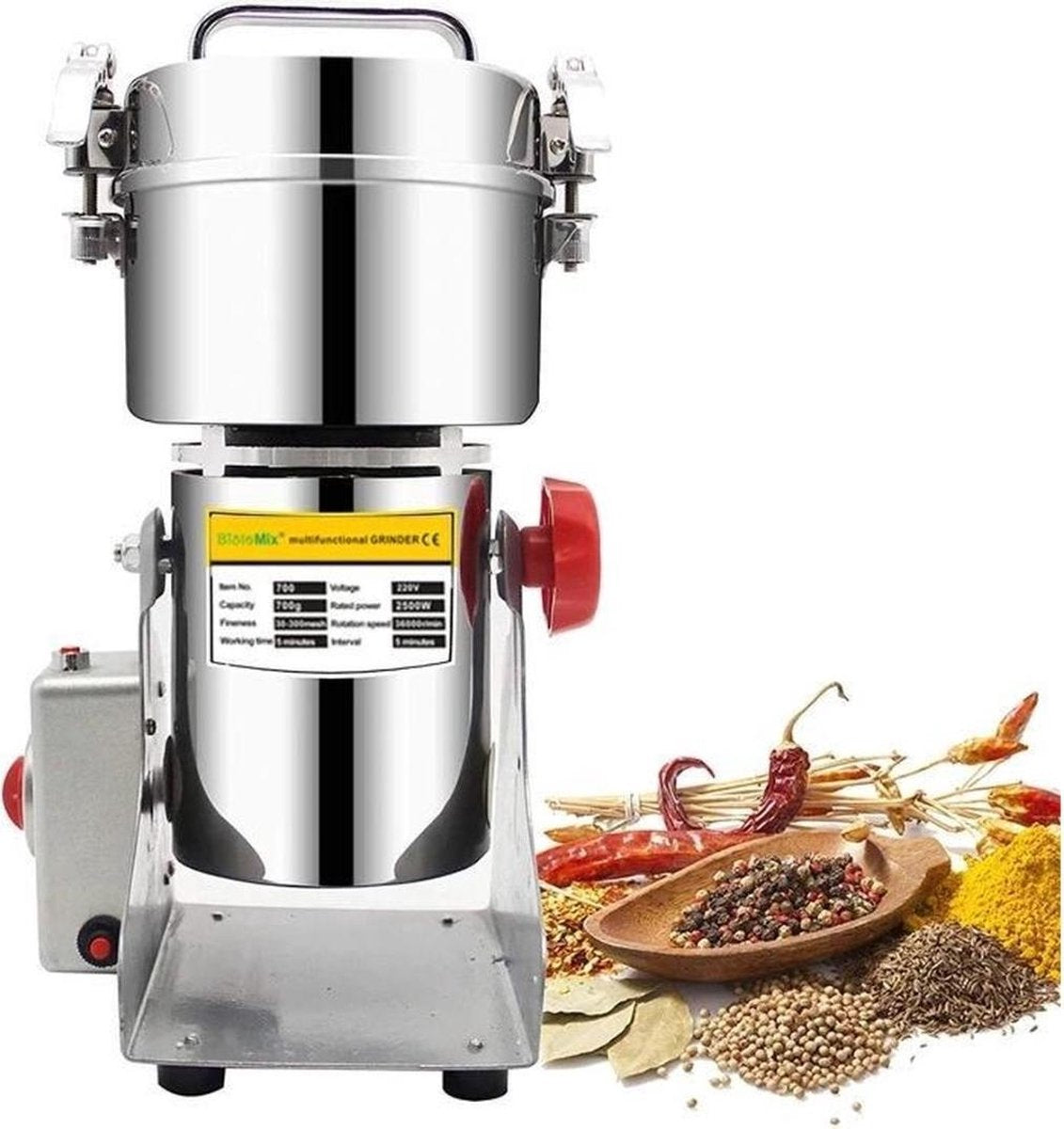 Ariko Professionele Graanmolen Elektrisch 700 gram - Electrische kruidenmolen - Kruiden maler - sprice Grinder - Kruidenmolen - RVS - 2500W