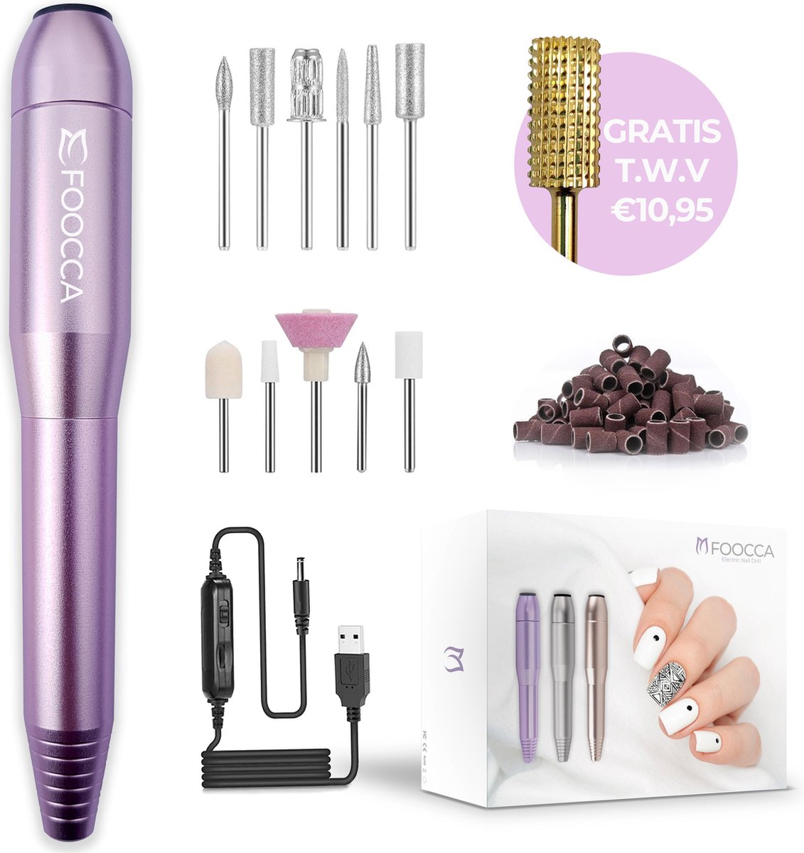 FOOCCA Nagelfrees - 12 Bitjes en 58 Schuurrolletjes - Eelt Verwijderen - Manicure Apparaat - Pedicure Set