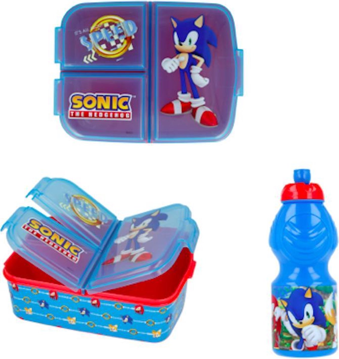 Sonic 3 compartimenten brooddoos (20 cm - 17 cm - 7 cm) + Drinkfles (18 cm hoog - 400 ml)