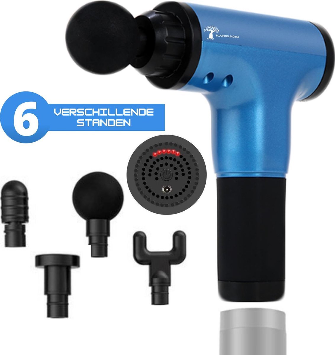 Blooming Baobab Professionele Massage Gun incl. 4 Opzetstukken – Massage Pistool – Lange Accuduur – Krachtpatser met 3200RPM - Blauw