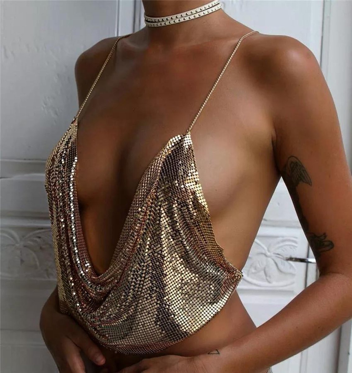 Elegante metalen dames crop top-sexy club backless-barlette beach Goud