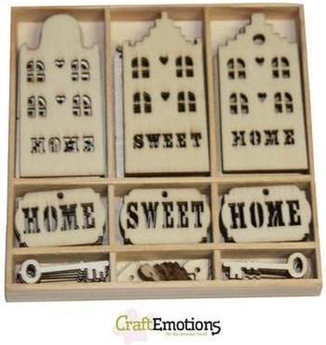 CraftEmotions Houten ornamenten - Home Sweet Home 55 assorti  - box 10.5 x 10.5 cm