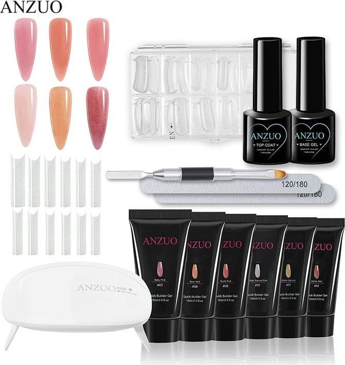 Anzuo Polygel Nagels Starterspakket - Polygel kit -  6 Kleuren - Nagel Tips - Base Coat - Top Coat