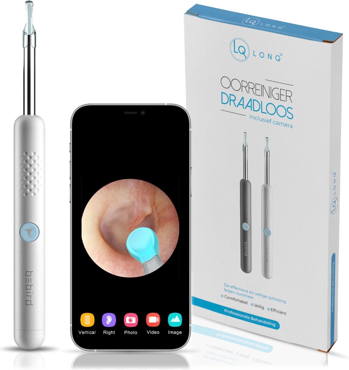 LONQ® Oorsmeer Verwijderaar – Oorreiniger – Inclusief 2 Opzetstukken - Met Camera en App - Wit