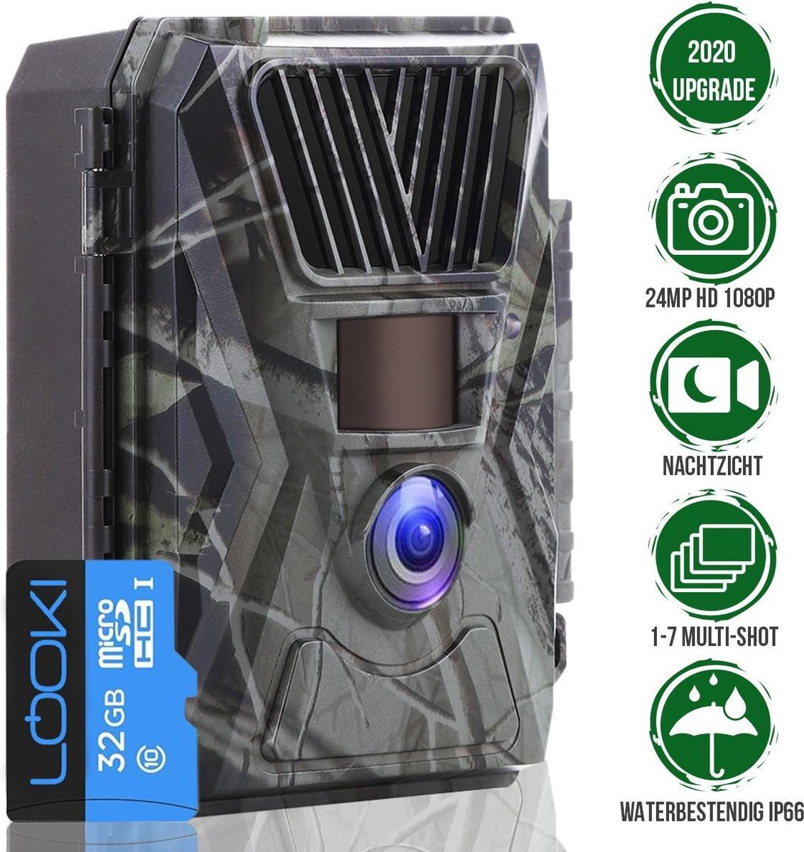 Looki® Wildcamera met nachtzicht - 24MP 1080P HD & gratis 32GB SD-kaart – IP66 Waterbestendig - NL software en handleiding - Beveiligingscamera
