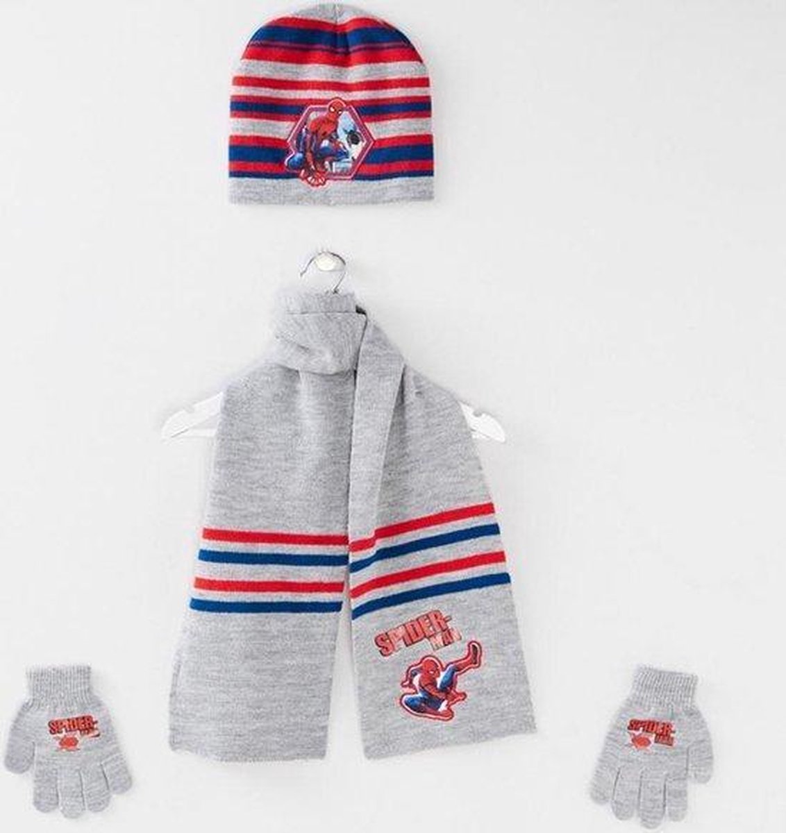spiderman muts set met sjaal en handschoenen grijs