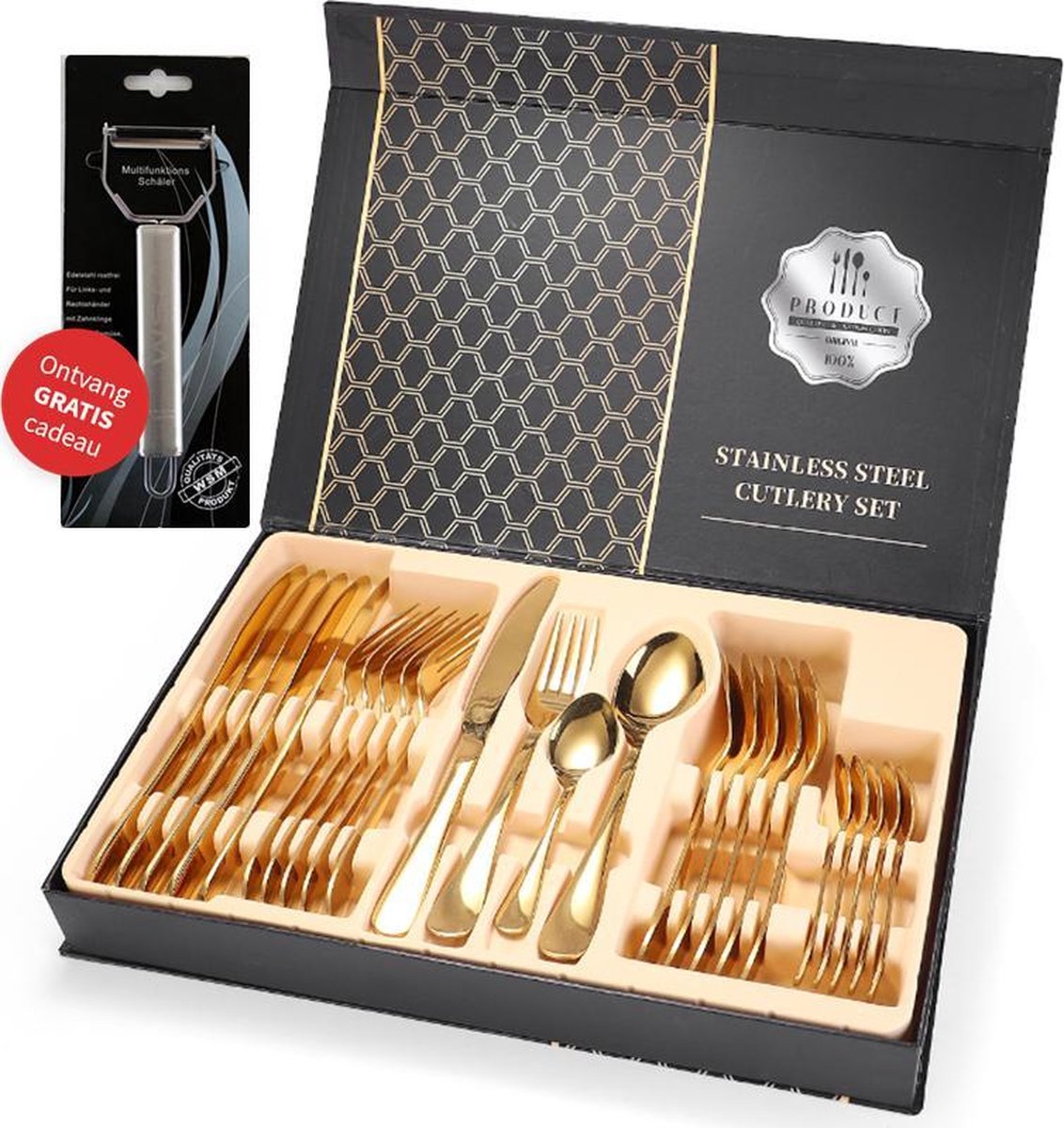 24-delig Luxe Goudkleurig Bestek Set - Voor 6 Personen - Familieset - Luxe + gratis cadeau