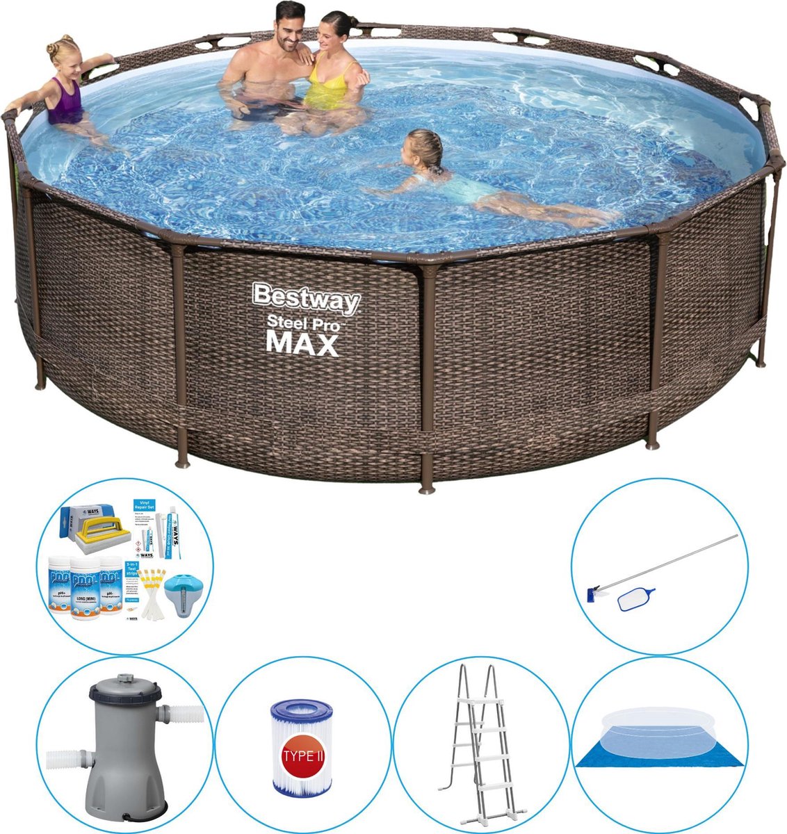 Bestway Steel Pro MAX Rattan 366x100 cm - 7-delig - Zwembad Pakket
