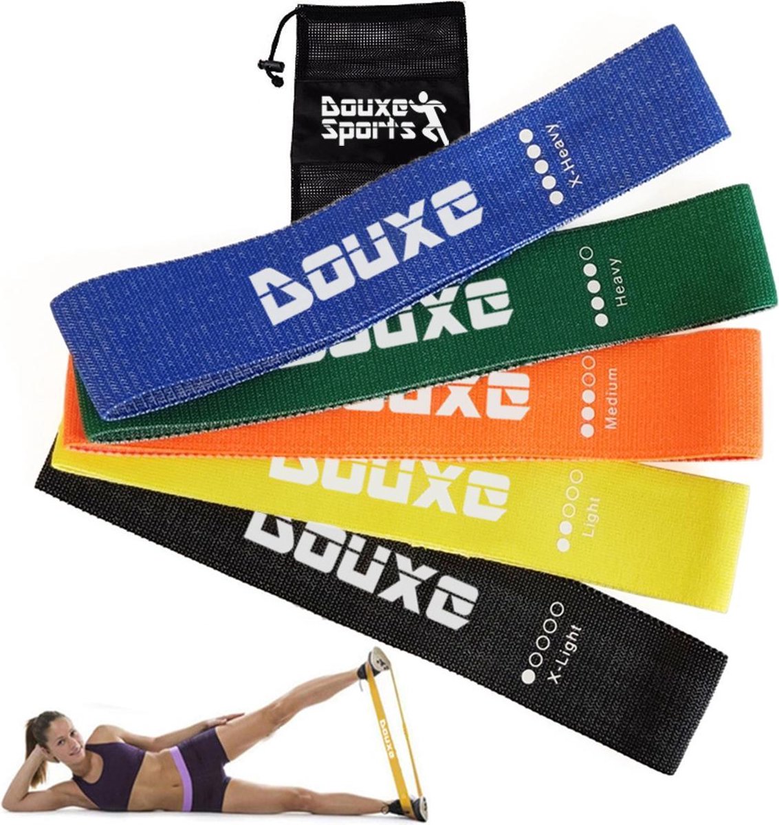 Douxe Weerstandsbanden set met 5 banden - Resistance band - Loopbands - Speciaal om billen en benen te trainen - Incl Opbergtas