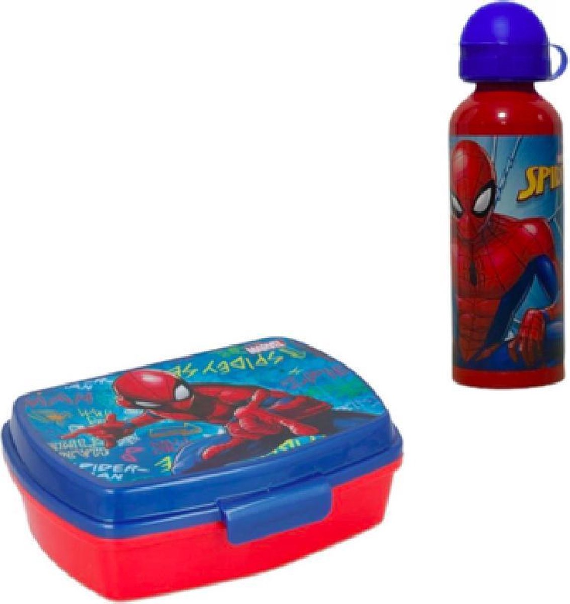 Spiderman brooddoos (17 cm - 13 cm - 6 cm) + Aluminium Drinkfles  500 ml - 21.5 cm - Rood / Blauw