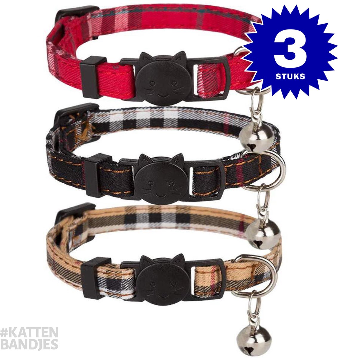 Halsband kat | Kattenband | Kattenhalsband met belletje | Kattenhalsbandjes met veiligheidssluiting in dé klassieke ruit 3-pack