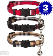 Halsband kat | Kattenband | Kattenhalsband met belletje | Kattenhalsbandjes met veiligheidssluiting in dé klassieke ruit 3-pack