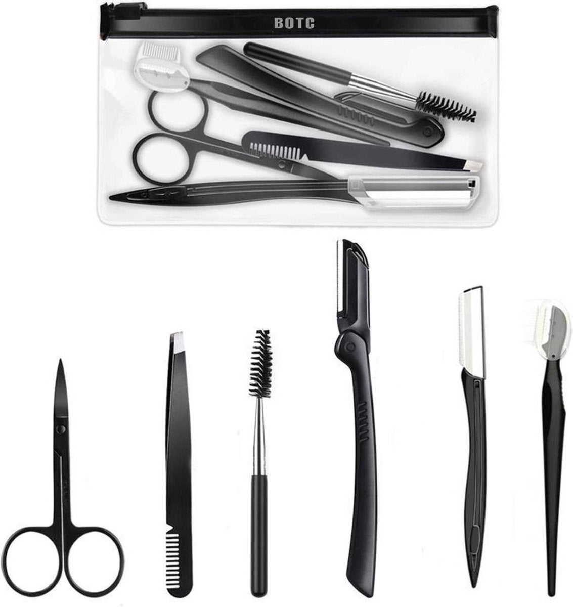 BOTC Pincet Epileer Sets - Schaar Pincet 6 In 1 - Wenkbrauw Kit - Neushaar schaar - Wimper borstel - Wenkbrauw scheermes - Schuine pincetmet kam- Zwart