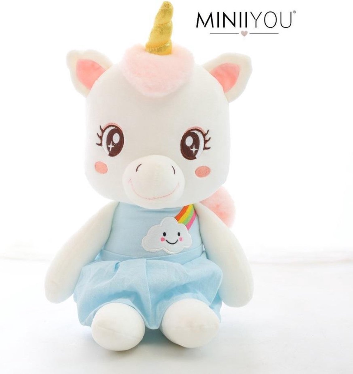 MINIIYOU® Meisjes eenhoorn knuffel kinderen | Zachte pluche blauwe Unicorn knuffel | eenhoorn knuffel met blauw  jurkje met wolkje en regenboog & goudkleurige hoorn | Decoratie kinderkamer