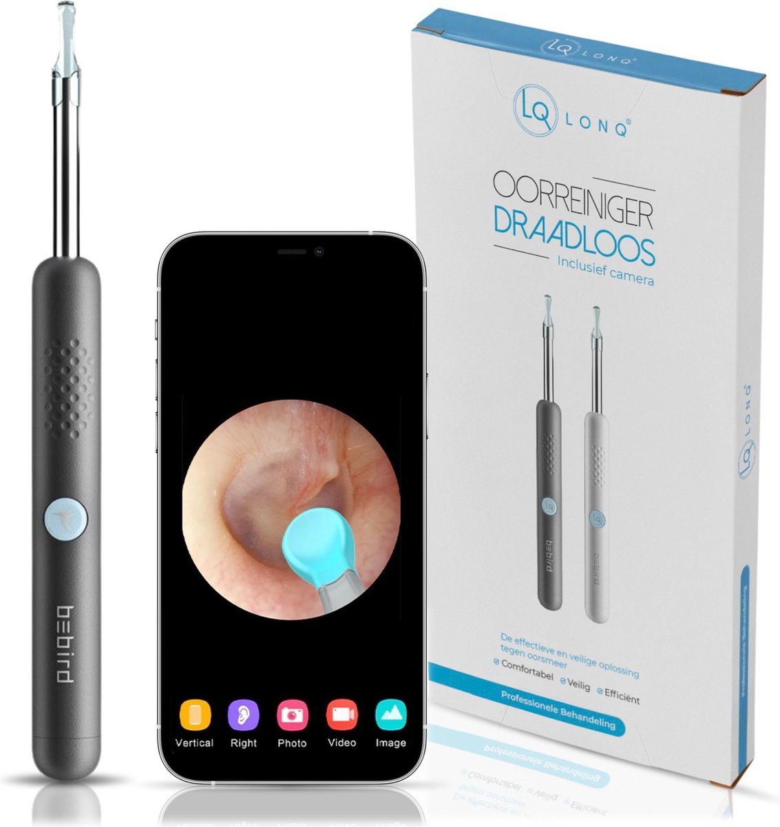 LONQ® Oorsmeer Verwijderaar – Oorreiniger – Inclusief 2 Opzetstukken - Met Camera en App - Zwart