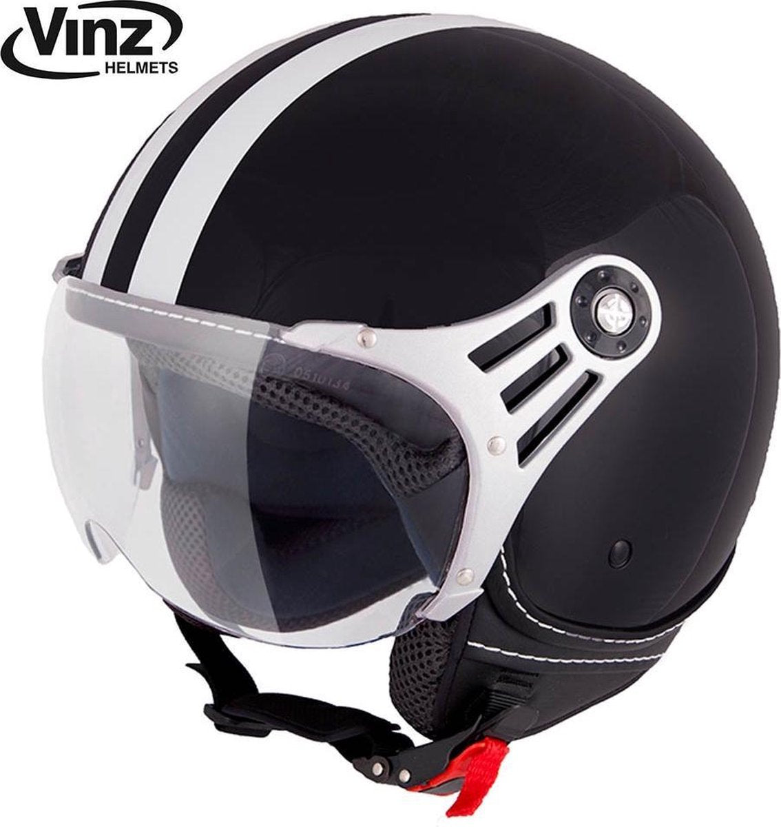 Vinz Fiori Jethelm Zwart met Witte Strepen / Scooterhelm / Brommerhelm / Motorhelm / Fashionhelm voor Scooter / Vespa / Brommer / Motor