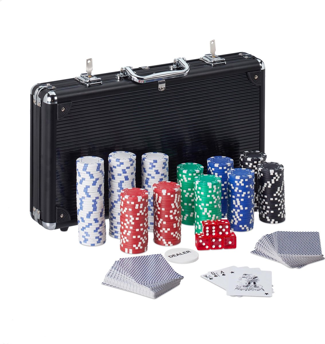 relaxdays poker set 300 poker chips - pokerkoffer - Texas Hold'em - 5 dobbelstenen - zwart