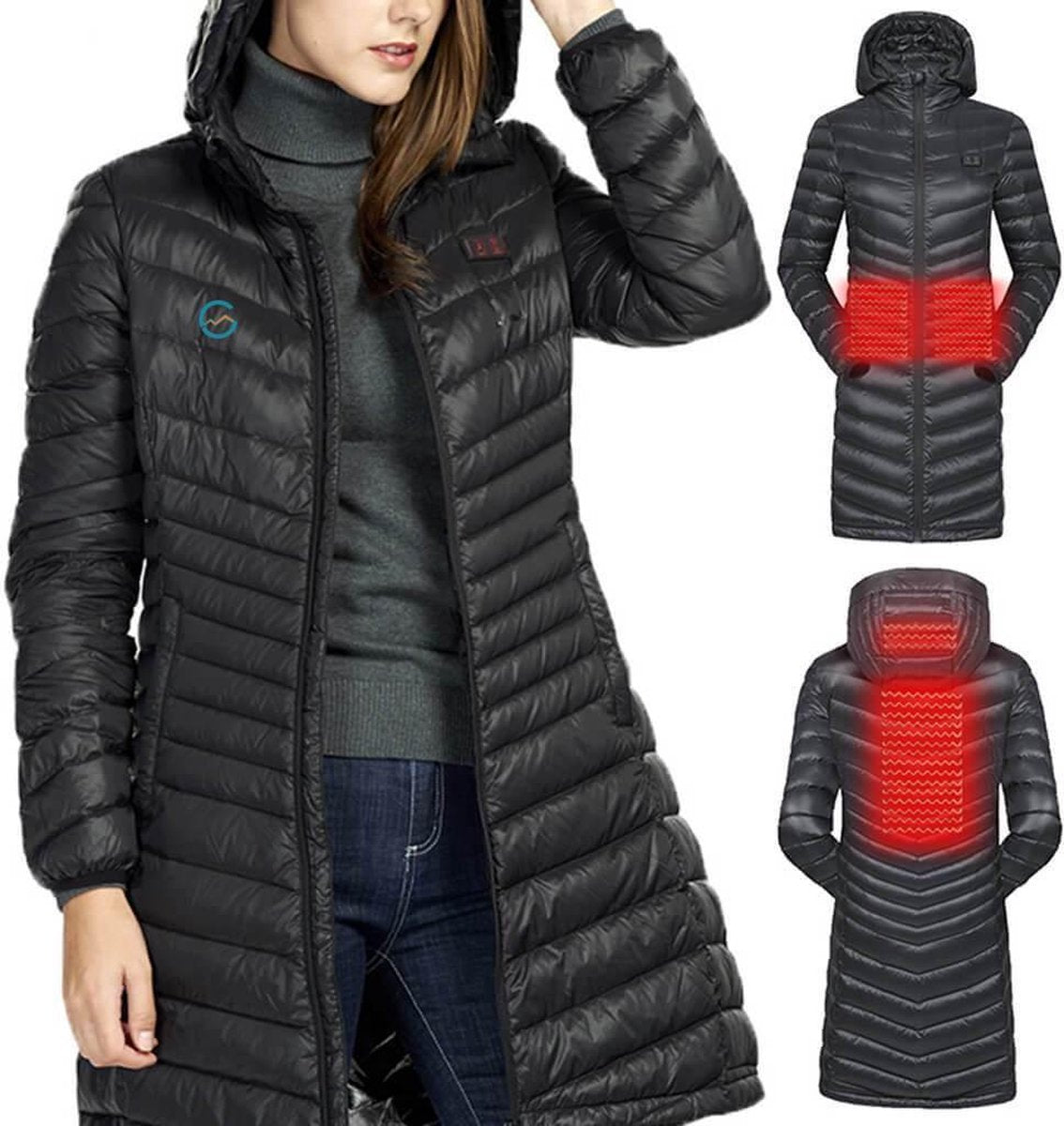 GLØDE Elektrische Verwarmde Parka Jas Dames Zwart Maat S