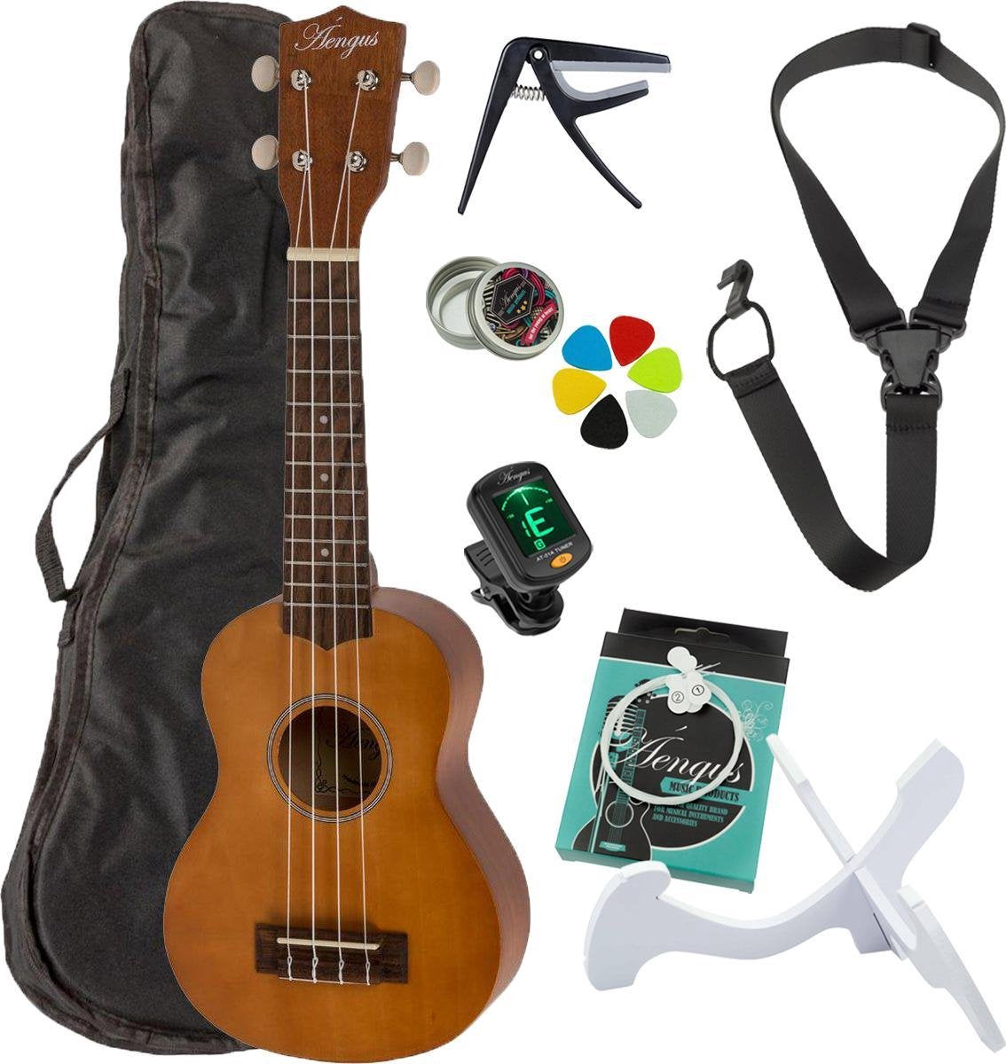 Áengus sopraan ukelele set - 8 delig - houtkleur