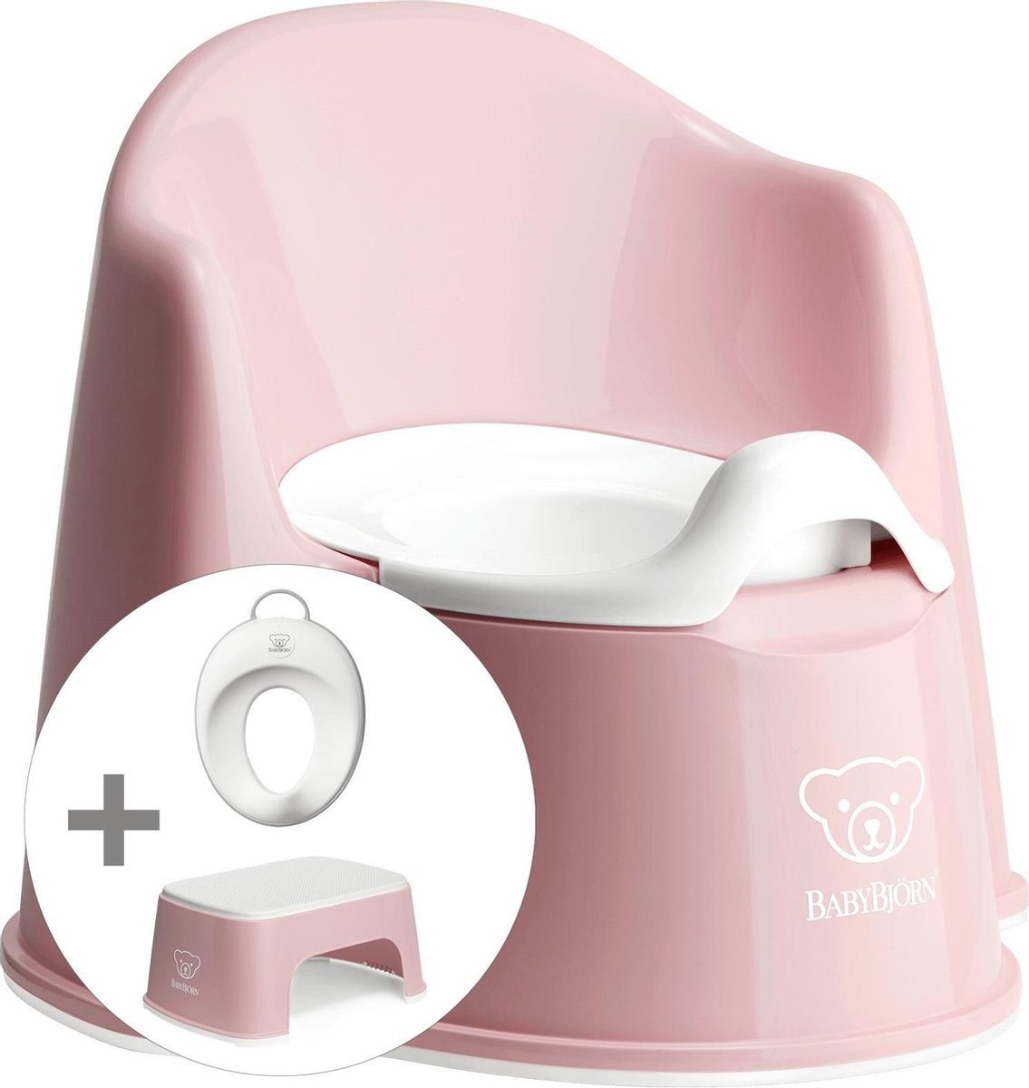 BABYBJÖRN Startkit - Plaspotje Zetel Pastelroze Wit en Opstapkrukje Pastelroze Wit en Toilettrainer Wit Grijs - Startkit Pastelroze-Wit