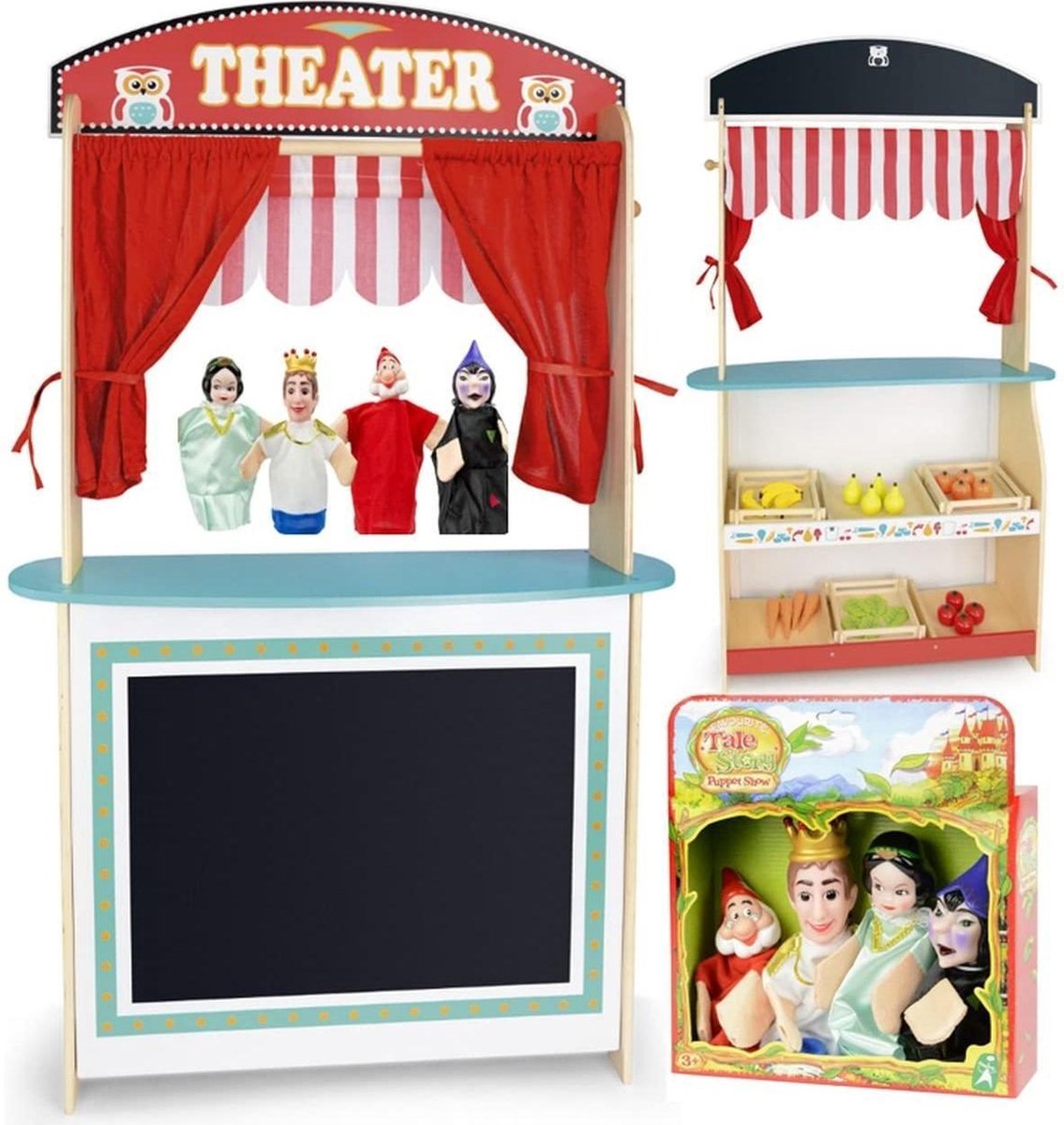 poppenkast -3 in 1 supermarkt en puppet theatre wood and toy doll set van 4 - (WK 02123)