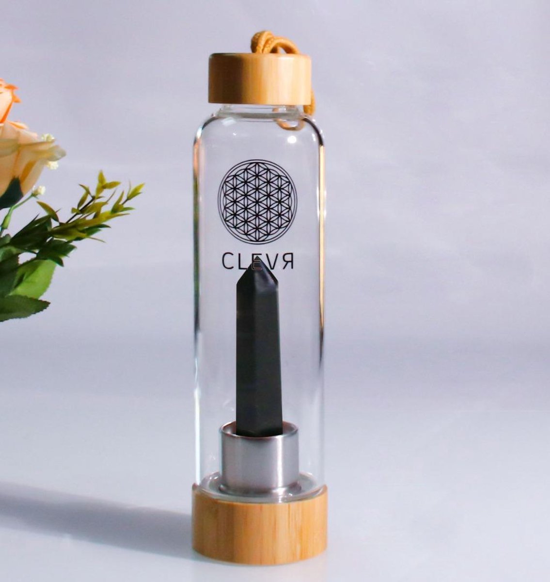 Clevr™ waterfles met kristal voor energierijk drinkwater - 500ml - zwart obsidiaan - flower of life - bamboe - edelsteen
