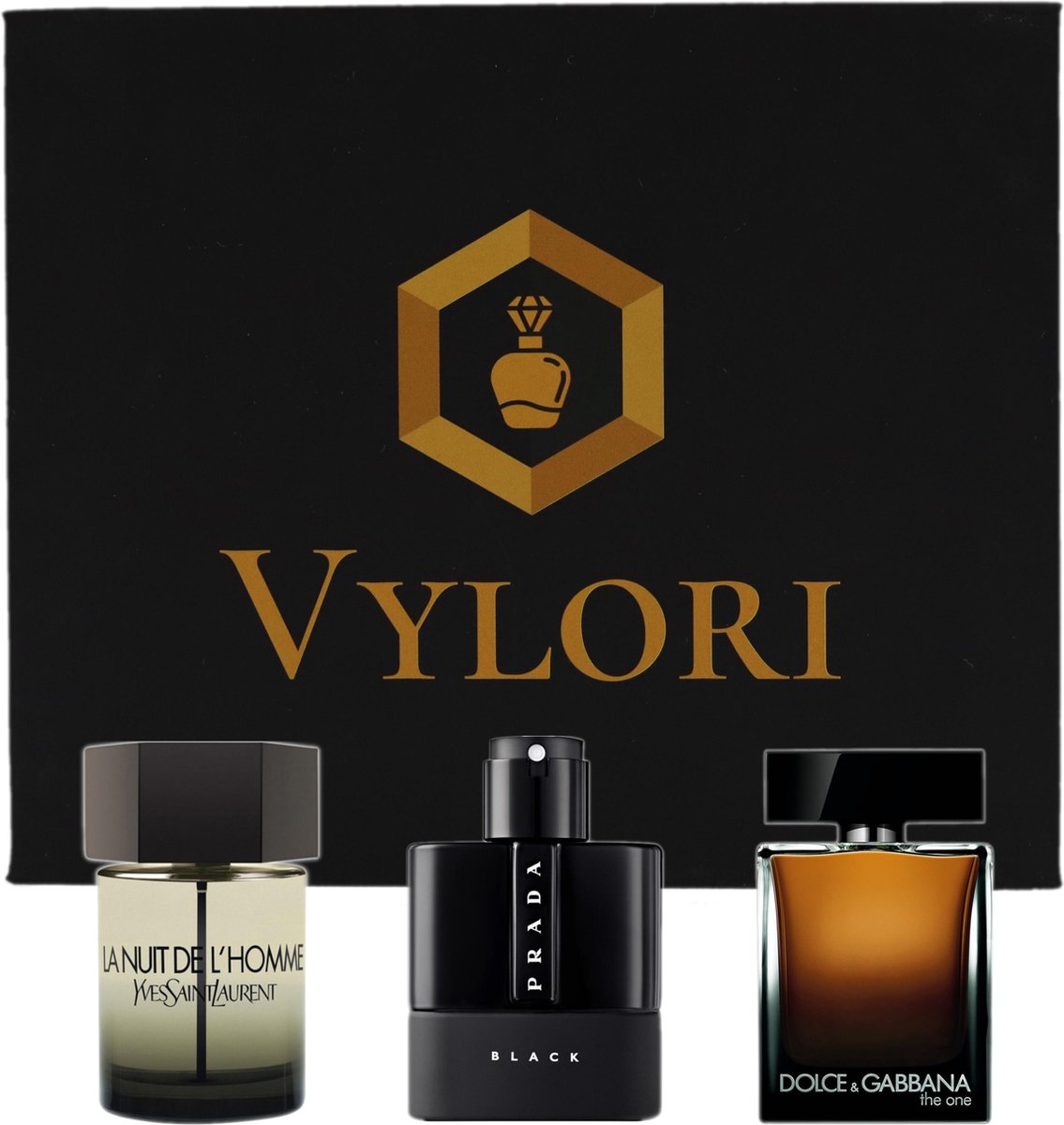 Vylori - Parfum Testers Giftset Date Heren - Yves Saint Laurent La Nuit De L’homme - Prada Luna Rossa Black - Dolce & Gabbana the One Eau de Parfum