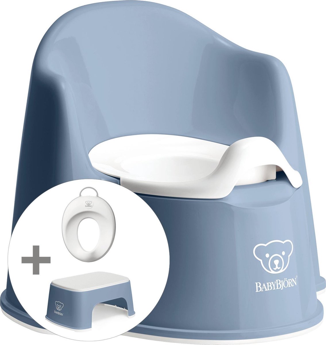 BABYBJÖRN Startkit - Plaspotje Zetel Diepblauw Wit en Opstapkrukje Diepblauw Wit en Toilettrainer Wit Grijs - Startkit Diepblauw-Wit