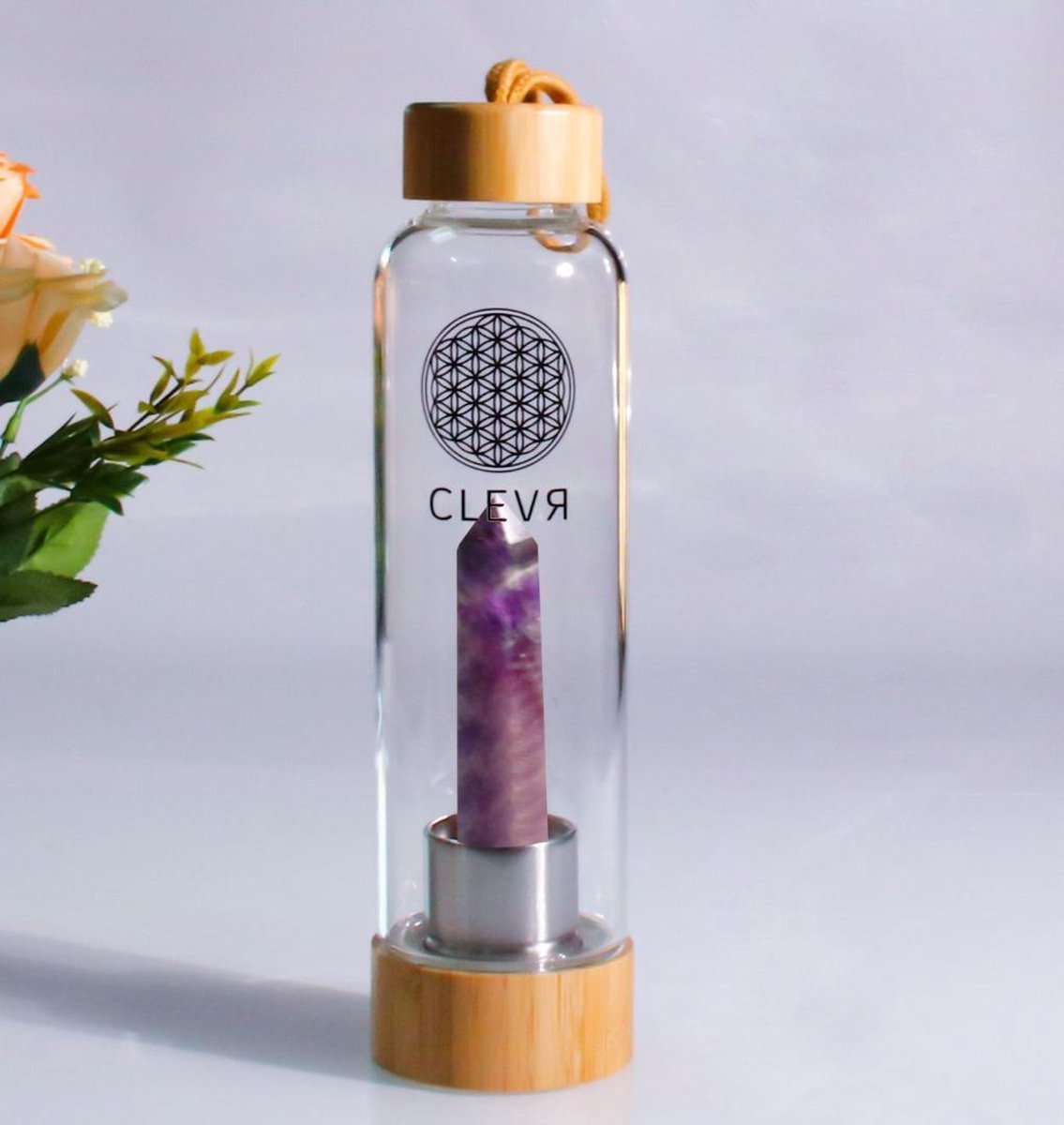 Clevr™ waterfles met kristal voor energierijk drinkwater - 500ml - amethist - flower of life - bamboe - edelsteen