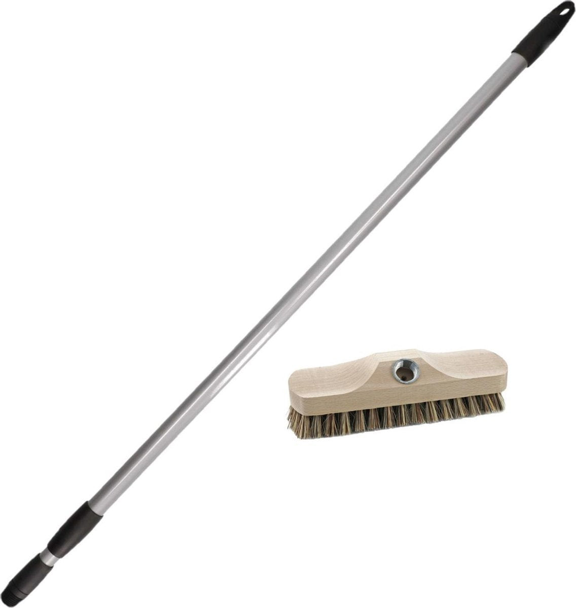 Houten luiwagen schrobborstel/schrobber inclusief metalen telescoopsteel grijs 130 cm