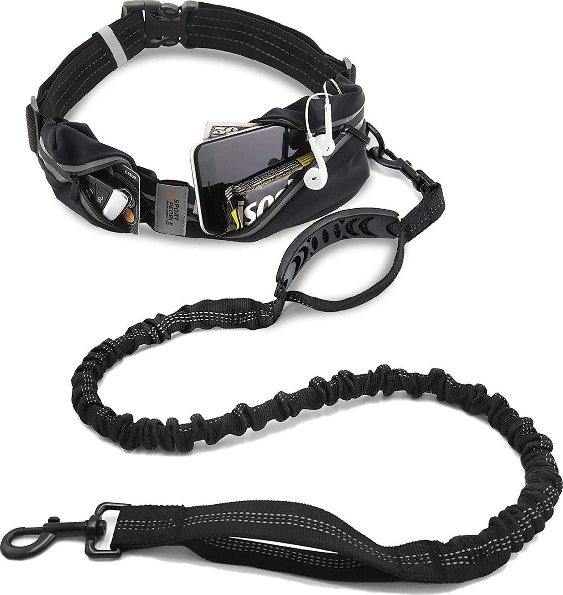 HN® heuptas met jogginglijn voor honden | schokabsorberende bungee-lijn | zwart